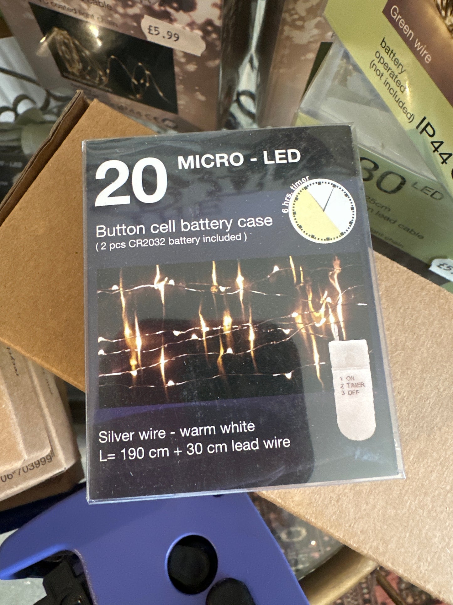HS 20Micro-LED Lights 1.9M Warm White Silver Wire Battery Indoor