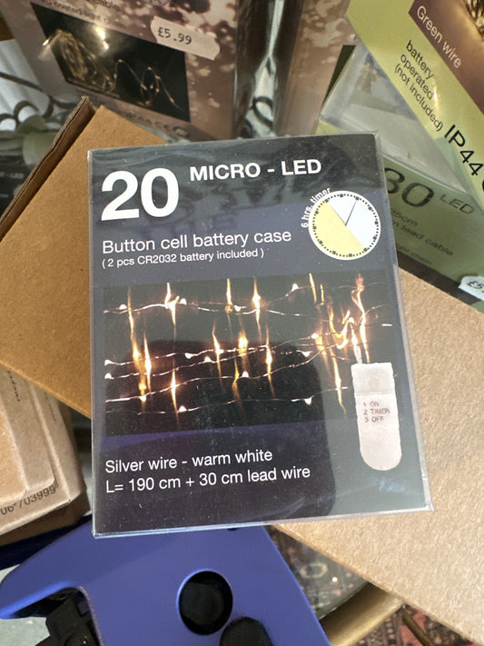 HS 20Micro-LED Lights 1.9M Warm White Silver Wire Battery Indoor