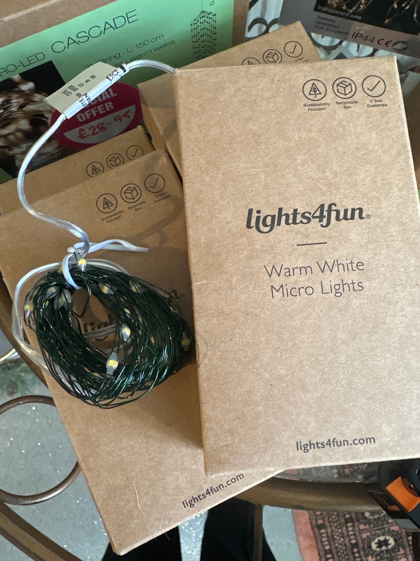 Lights4Fun 50 Warm White Micro Lights Green Wire IP44 Outdoor Battery
